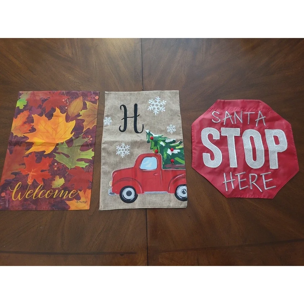 Set of 3 House Flags Welcome Double Sided Burlap‎ Christmas Santa Fall